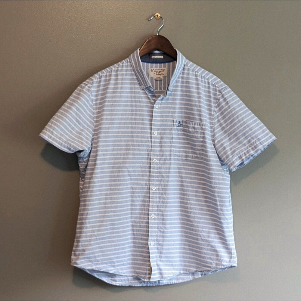 Original Penguin Mens XL Blue Striped Short Sleeve Shirt Cotton Slim Fit LS